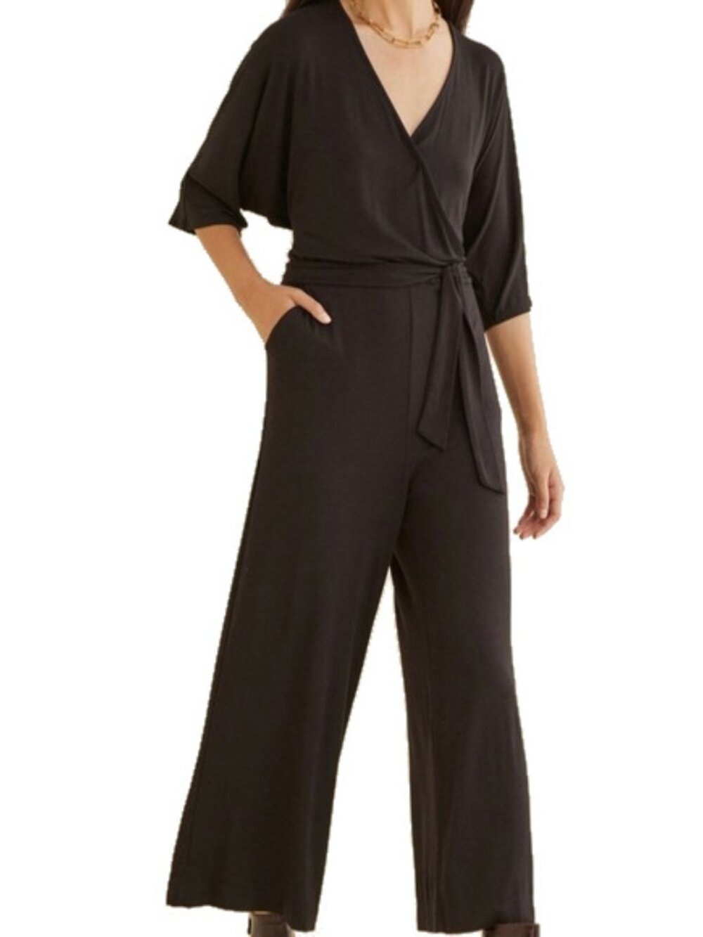 Amour Vert Terra Wrap Front Wide Leg Jumpsuit Black | XS